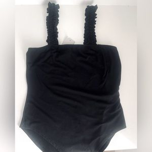 NEW Black Sleeveless Bodysuit Stretchy Ruffle Detail Straps Size Large